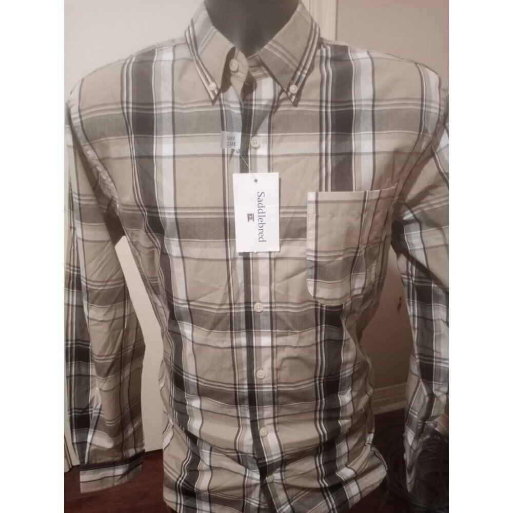 NWT SADDLEBRED Men's Brown Plaid BUTTON FRONT SHIRT Easy Care Classic Fit Medium